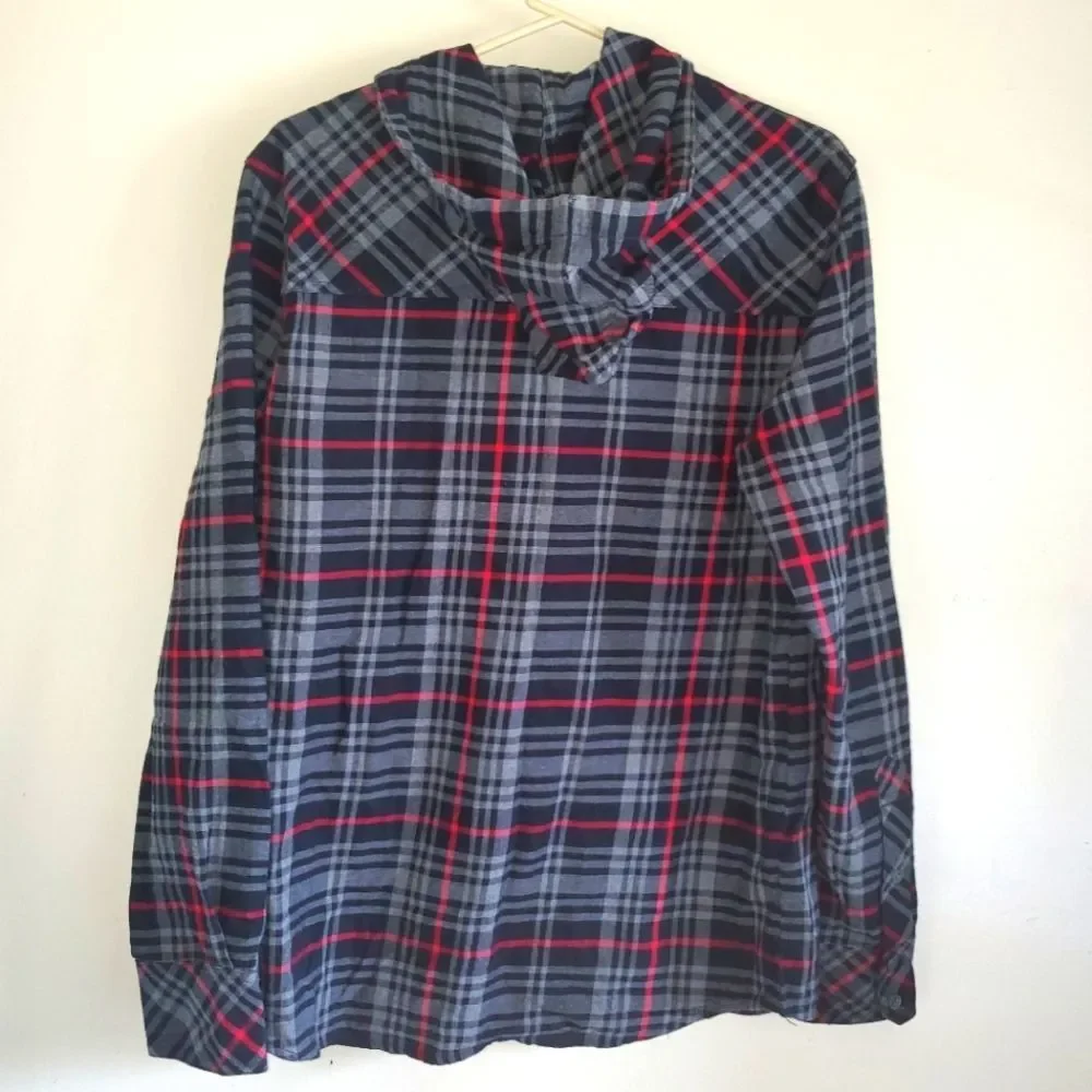 True Religion Mens Plaid Utility Hoodie Black Red Hooded Flannel Shirt Small